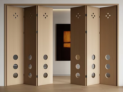 Stylish Wooden Folding Doors With Circular Cutouts In Interior Space 3d model