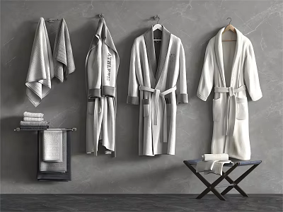 Elegant Bathroom Ensemble With Hanging Bathrobes Towels And Stool On Gray Wall 3d model