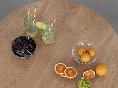 Inflatable Fruit And Drink Models On Wooden Table With Lemon Slices And Straws 3d model
