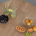 Inflatable Fruit And Drink Models On Wooden Table With Lemon Slices And Straws