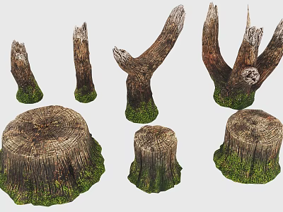 Rustic Stone and Wood Decorative Pieces with Tree Stumps Branches and Mossy Texture 3d model