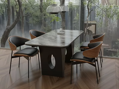 Modern Table with Marble Top and Wooden Black Leather Chairs in Glass Walls Trees Interior 3d model