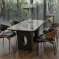 Modern Table with Marble Top and Wooden Black Leather Chairs in Glass Walls Trees Interior