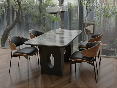 Modern Table with Marble Top and Wooden Black Leather Chairs in Glass Walls Trees Interior 3d model