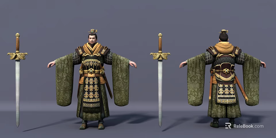 Ancient Royal Character In Dragon Patterned Costume With Crown And Long Sword Front Back Views 3d model 