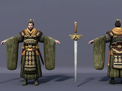 Ancient Royal Character In Dragon Patterned Costume With Crown And Long Sword Front Back Views 3d model