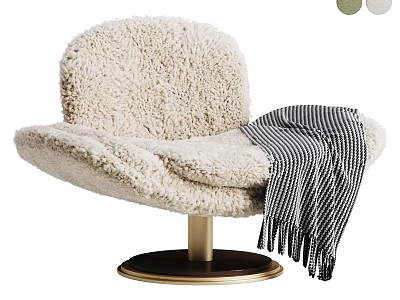 Plush Beige Leisure Chair With Fluffy Fabric Round Metal Base And Striped Blanket 3d model