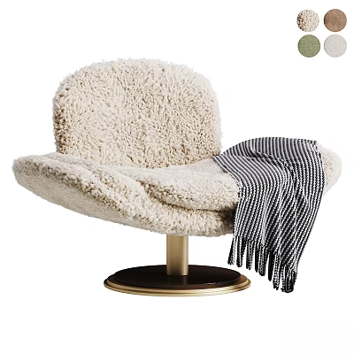 Plush Beige Leisure Chair With Fluffy Fabric Round Metal Base And Striped Blanket 3d model