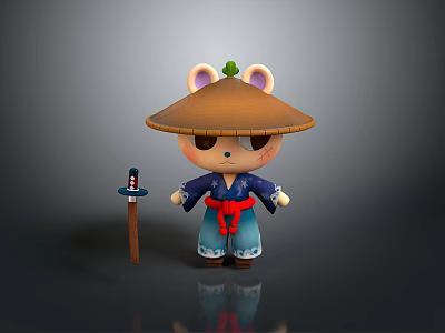 Cartoon Animal Character Wearing Straw Hat Blue Kimono Red Sash With Wooden Staff And Lantern 3d model