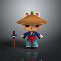Cartoon Animal Character Wearing Straw Hat Blue Kimono Red Sash With Wooden Staff And Lantern