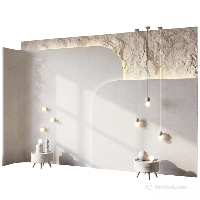 Modern Curved Background Wall With Soft Lighting Hanging Pendant Lights And Side Tables 3d model 