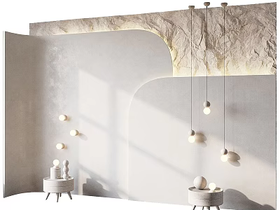 Modern Curved Background Wall With Soft Lighting Hanging Pendant Lights And Side Tables 3d model
