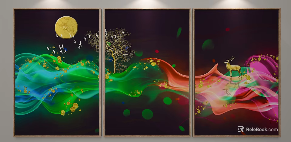 Abstract Decorative Wall Art With Moon Tree Birds Deer And Colorful Waves 3d model 