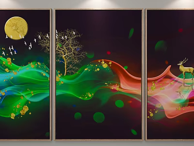 Abstract Decorative Wall Art With Moon Tree Birds Deer And Colorful Waves 3d model