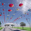 Outdoor Lights with Colorful Umbrella Shaped Decorations String Lights and Trees in Outdoor Area