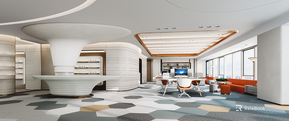 Modern Public Office Space Design With Open Layout Desks Chairs And Geometric Carpet 3d model 