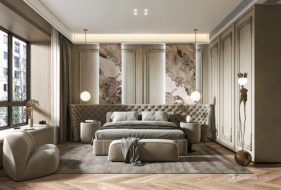 Luxurious Bedroom Interior With Marble Accent Wall Upholstered Bed Round Pendant Lights And Herringbone Flooring 3d model 