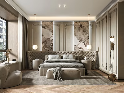Luxurious Bedroom Interior With Marble Accent Wall Upholstered Bed Round Pendant Lights And Herringbone Flooring 3d model