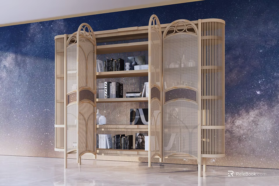 Elegant Wooden Bookcase With Rattan Panels Open Shelves And Starry Sky Wall 3d model 