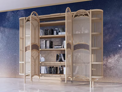 Elegant Wooden Bookcase With Rattan Panels Open Shelves And Starry Sky Wall 3d model