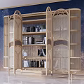 Elegant Wooden Bookcase With Rattan Panels Open Shelves And Starry Sky Wall