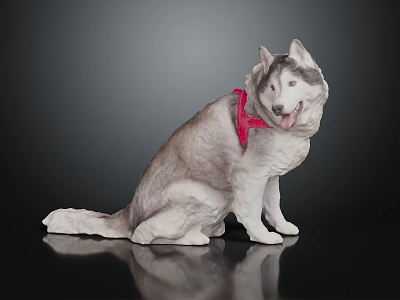 Husky Wearing Red Harness Sitting On Black Smooth Surface With Dark Background 3d model