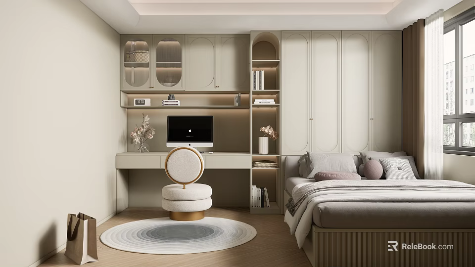 Tatami Bedroom Interior With Built-in Cabinets Desk Round Stool And Decorative Rug 3d model 