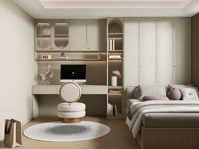 Tatami Bedroom Interior With Built-in Cabinets Desk Round Stool And Decorative Rug 3d model