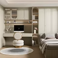 Tatami Bedroom Interior With Built-in Cabinets Desk Round Stool And Decorative Rug