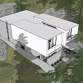 Modern Single Family House Exterior Featuring Large Glass Windows Garage Car And Surrounding Trees