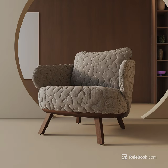 Modern Accent Chair with Textured Beige Fabric Wide Armrests and Wooden Legs in Living Room 3d model 
