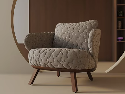 Modern Accent Chair with Textured Beige Fabric Wide Armrests and Wooden Legs in Living Room 3d model