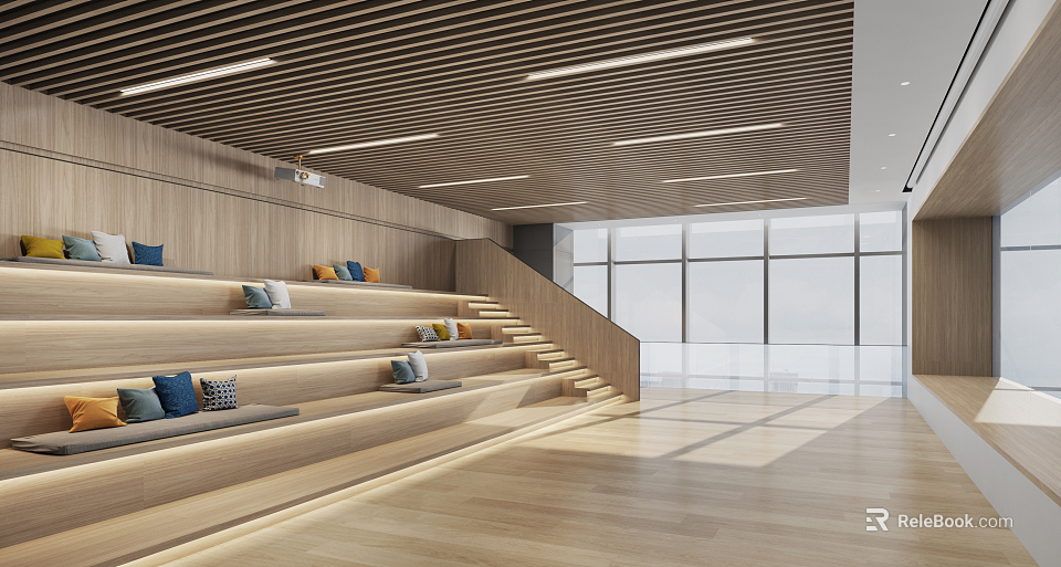 Wooden Stepped Leisure Area with Cushions Large Windows Wooden Ceiling and Flooring 3d model 