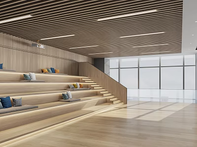 Wooden Stepped Leisure Area with Cushions Large Windows Wooden Ceiling and Flooring 3d model