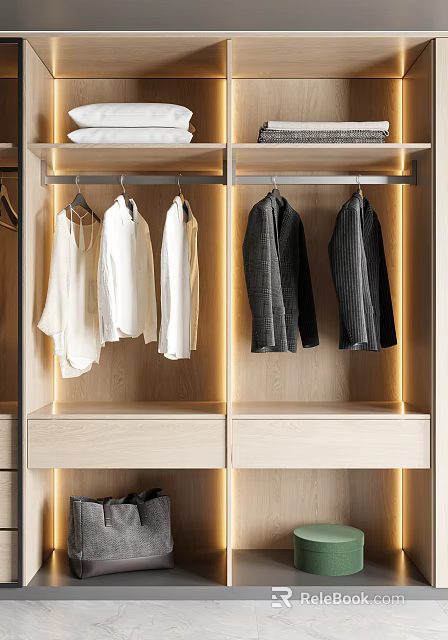 Stylish Clothes Hanging In Modern Wardrobe With Lighting And Drawers 3d model 