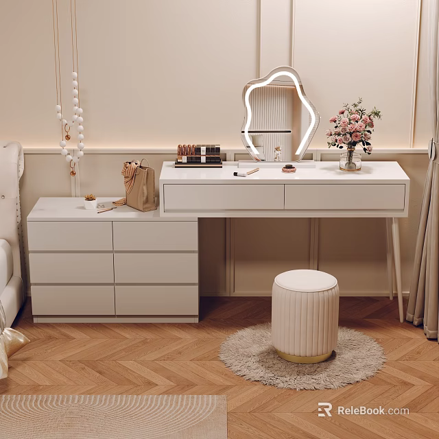 Modern White Dressing Table With LED Mirror Cosmetics Flower Vase And Pouf Stool 3d model
