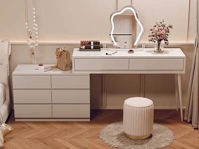 Modern White Dressing Table With LED Mirror Cosmetics Flower Vase And Pouf Stool 3d model