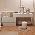 Modern White Dressing Table With LED Mirror Cosmetics Flower Vase And Pouf Stool 3d model