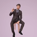 Man in suit sitting on wooden chair pointing upward with finger against light purple background
