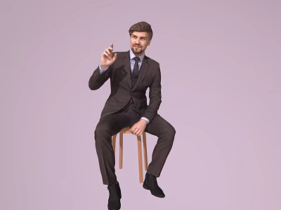 Man in suit sitting on wooden chair pointing upward with finger against light purple background 3d model