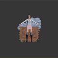 Woman In White Sweater Pink Skirt Standing By Brick Wall With Blue Cloud Green Grass