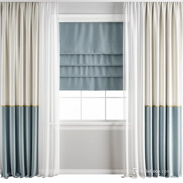 Elegant Blue And White Curtains With Pleated Design And Gold Trim For Window 3d model 