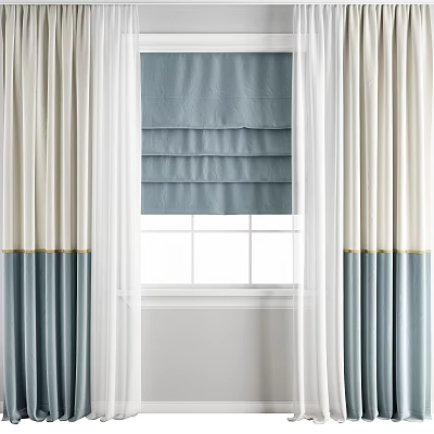 Elegant Blue And White Curtains With Pleated Design And Gold Trim For Window 3d model