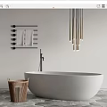 Modern White Bathtub With Wooden Laundry Basket Black Towel Rack Gold Lights And Gray Tile Floor