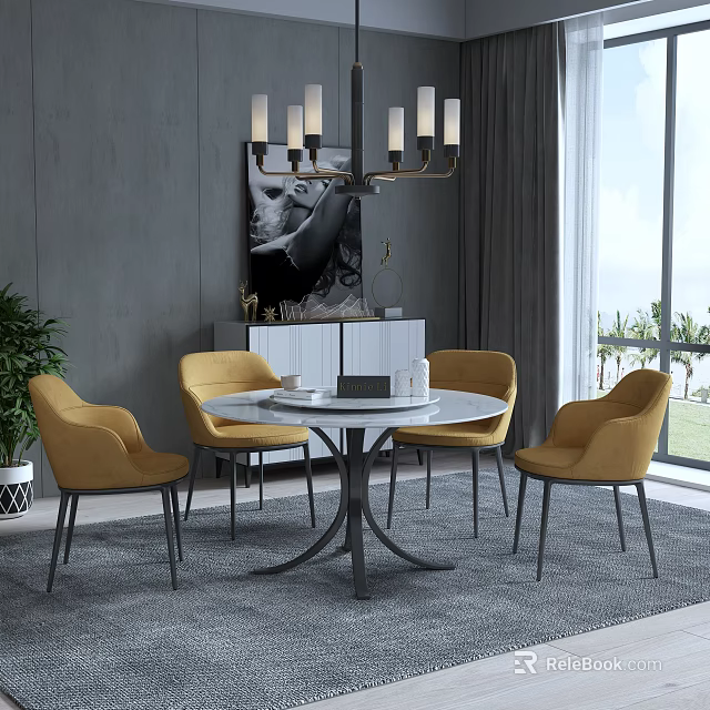 Dining Table Set with Four Yellow Chairs White Round Tabletop Black Metal Legs 3d model 