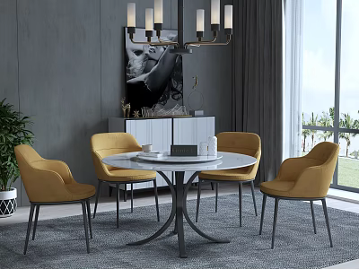 Dining Table Set with Four Yellow Chairs White Round Tabletop Black Metal Legs 3d model