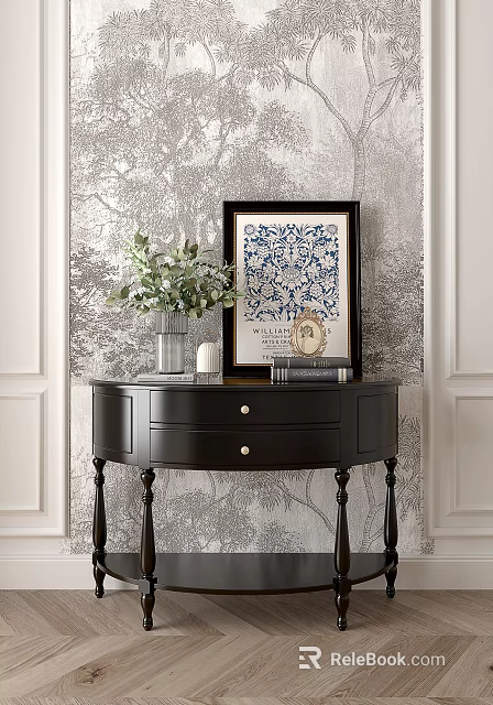 Black Entryway Console Table With Green Plants Framed Art And Candle Decor On Patterned Wallpaper 3d model 
