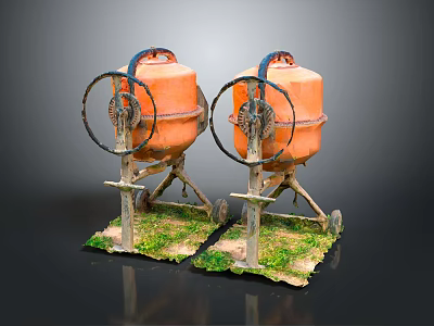 Two Orange Industrial Mixer Equipment With Metal Stands Black Wheels And Green Bases 3d model