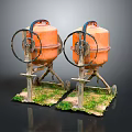 Two Orange Industrial Mixer Equipment With Metal Stands Black Wheels And Green Bases