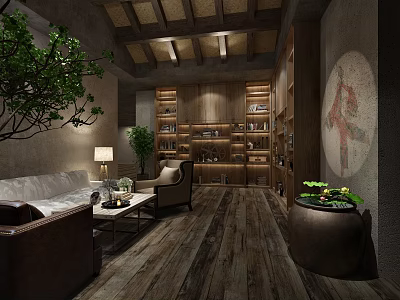 Warm Hotel Public Lounge With Wooden Floors Bookshelves Green Plants Round Decor And Stone Walls 3d model
